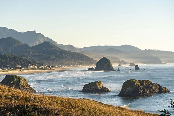 View of rock formations and Haystack Rock of Cannon Beach from Ecola State Park