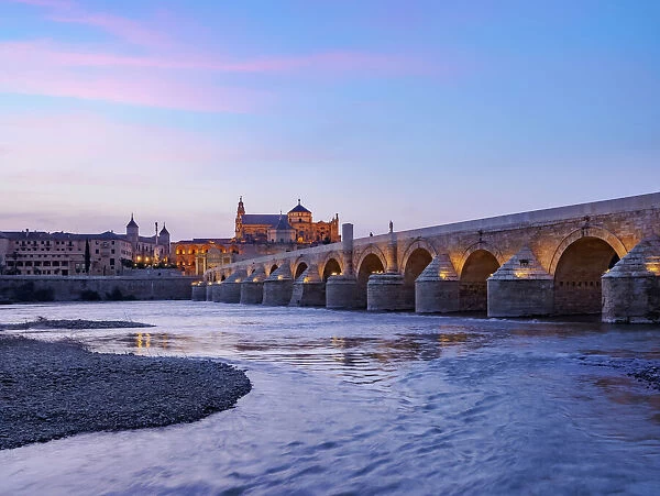 View over Roman Bridge of Cordoba and Guadalquivir River towards the Mosque Cathedral