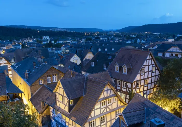 Framed Print : View of rooftops at dusk, Marburg, Hesse, Germany Framed Print : View of rooftops at dusk, Marburg, Hesse, Germany