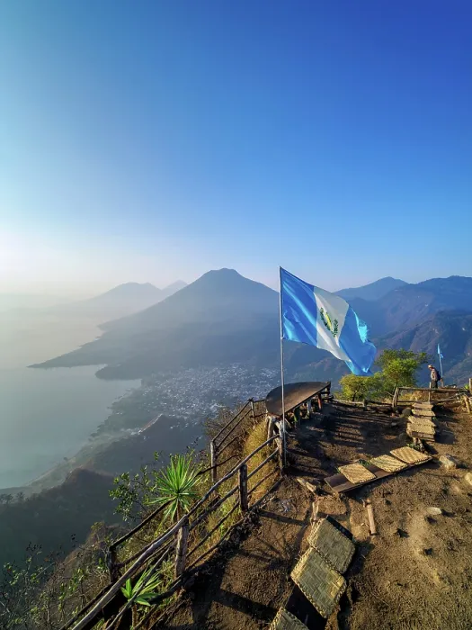 Framed Print : View from Rostro Maya or Indian Nose over Lake Atitlan and San Juan La Laguna towards San Pedro Volcano at sunrise, Solola Department, Guatemala