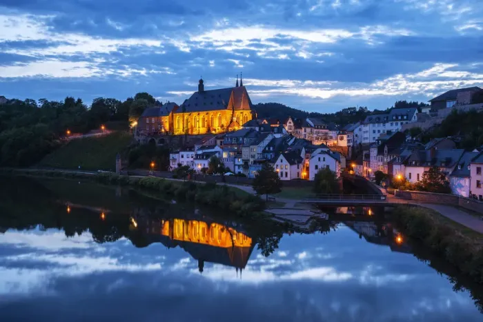 Framed Print : View at Saarburg with church St. Laurentius, river Saar and river Leuk Framed Print : View at Saarburg with church St. Laurentius, river Saar and river Leuk
