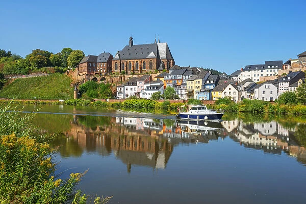 View at Saarburg with church St. Laurentius, river Saar and river Leuk
