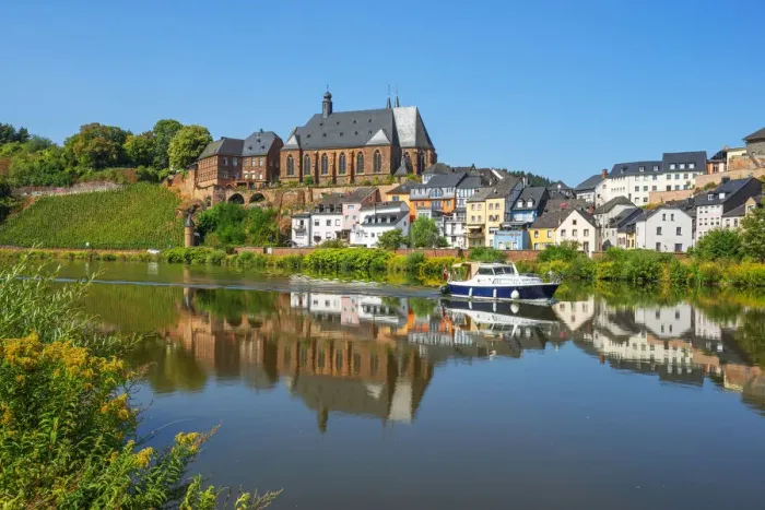 Framed Print : View at Saarburg with church St. Laurentius, river Saar and river Leuk Framed Print : View at Saarburg with church St. Laurentius, river Saar and river Leuk