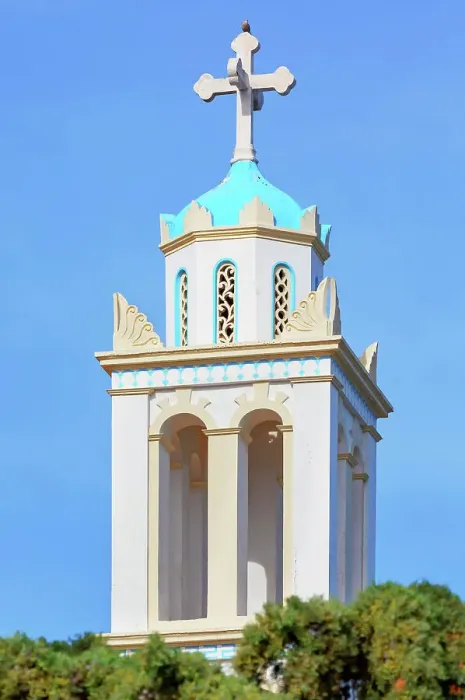 Framed Print : View of Saint Nicholas church top, Halki Island, Dodecanese Islands, Greece