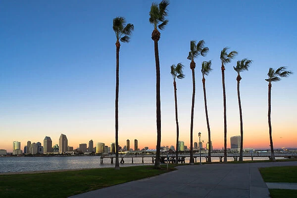 View of San Diego from Coronado Island at dusk, California, USA
