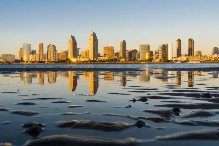 Framed Print : View of San Diego from Coronado Island at sunset, California, USA Framed Print : View of San Diego from Coronado Island at sunset, California, USA