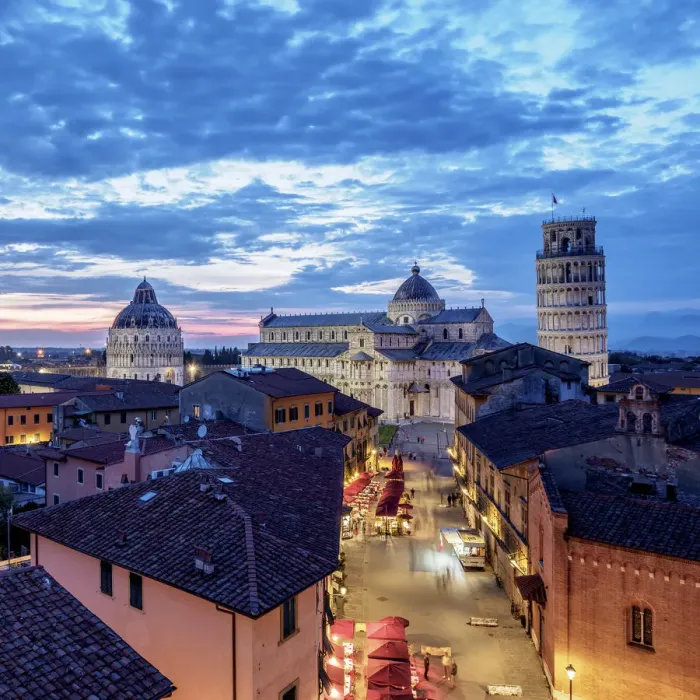 Framed Print : View over Via Santa Maria towards Cathedral and Leaning Tower at dusk, Pisa, Tuscany
