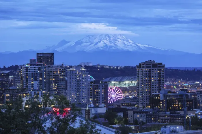 Framed Print : View over Seattle to Mt. Rainier, Washington, USA