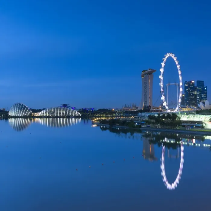 Framed Print : View of Singapore Flyer, Gardens by the Bay and Marina Bay Sands Hotel at dawn, Singapore Framed Print : View of Singapore Flyer, Gardens by the Bay and Marina Bay Sands Hotel at dawn, Singapore