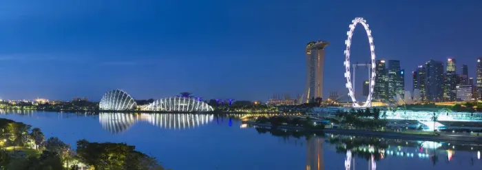 Framed Print : View of Singapore Flyer, Gardens by the Bay and Marina Bay Sands Hotel at dawn, Singapore Framed Print : View of Singapore Flyer, Gardens by the Bay and Marina Bay Sands Hotel at dawn, Singapore