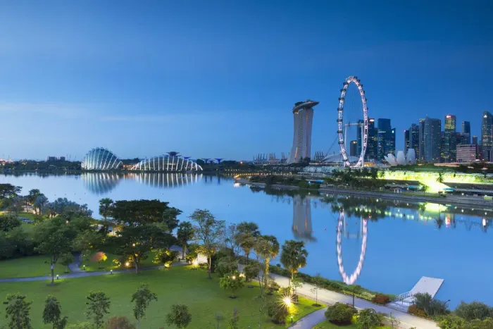 Framed Print : View of Singapore Flyer, Marina Bay Sands Hotel and Gardens by the Bay at dawn, Singapore Framed Print : View of Singapore Flyer, Marina Bay Sands Hotel and Gardens by the Bay at dawn, Singapore