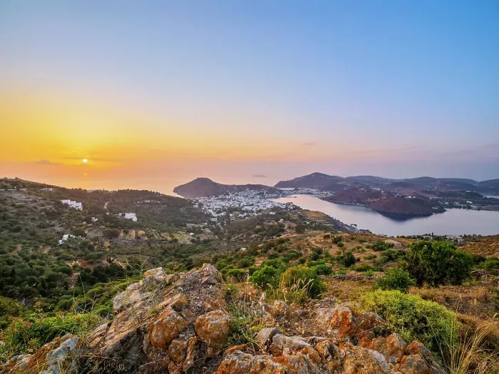 Framed Print : View towards Skala at sunset, Patmos Island, Dodecanese, Greece Framed Print : View towards Skala at sunset, Patmos Island, Dodecanese, Greece