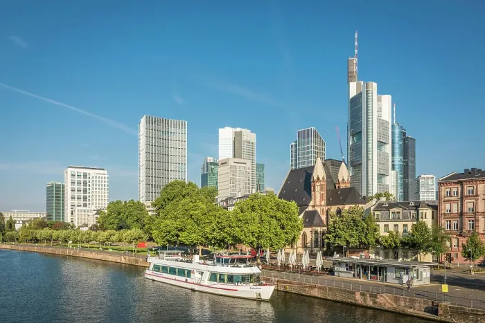 Framed Print : View of the skyline from the bridge Eiserner Steg in the morning, Frankfurt, Hesse, Germany Framed Print : View of the skyline from the bridge Eiserner Steg in the morning, Frankfurt, Hesse, Germany