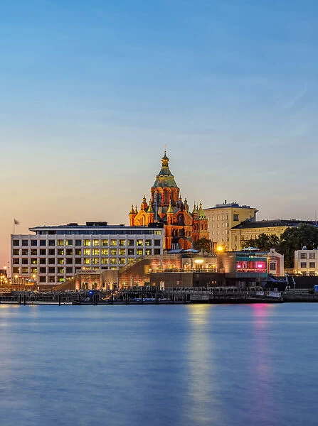 View over South Harbour towards Uspenski Cathedral and Allas Sea Pool and Restaurant, dusk, Helsinki, Uusimaa County, Finland