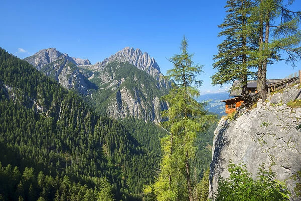 View at Spitzkofel mountain and Dolomites hut, Lienz Dolomites, Tyrol, Austria