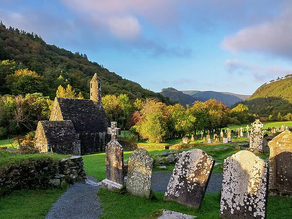 View towards the St. Kevin's Church at sunrise, Early Medieval Monastic Settlement, Glendalough, County Wicklow, Ireland