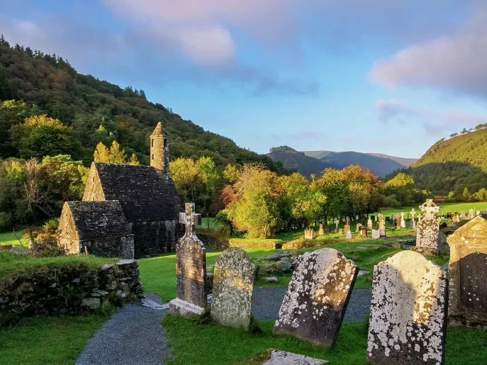 Framed Print : View towards the St. Kevin's Church at sunrise, Early Medieval Monastic Settlement, Glendalough, County Wicklow, Ireland Framed Print : View towards the St. Kevin's Church at sunrise, Early Medieval Monastic Settlement, Glendalough, County Wicklow, Ireland