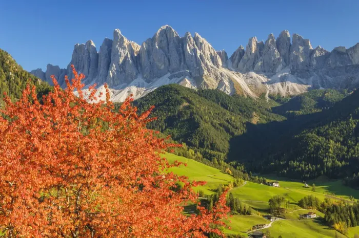 Framed Print : View of St. Maddalena and Sass Rigais (Geisler Peaks), St Framed Print : View of St. Maddalena and Sass Rigais (Geisler Peaks), St