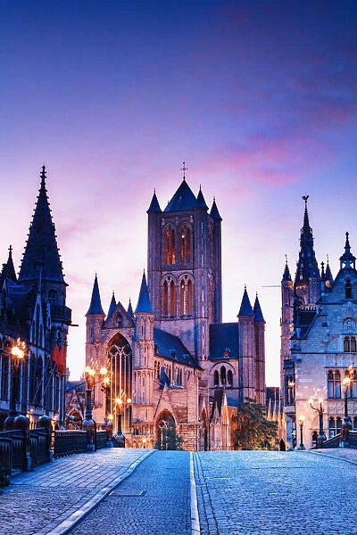 View of St. Nicholas church (Sint-Niklskerk) by night in Ghent, Belgium
