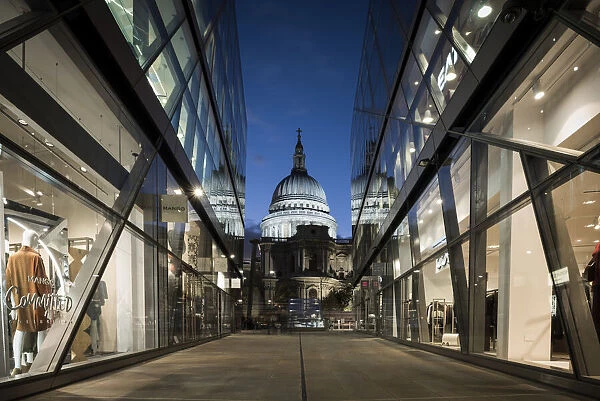 View of St Pauls Cathedral from One New Change Building at dusk, London, UK