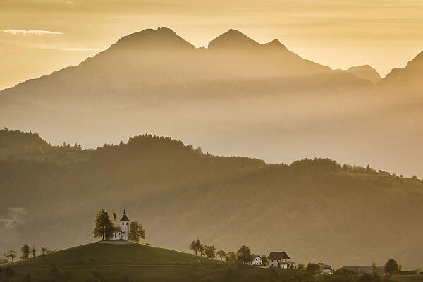 View towards St Thomas Church and the Kamnik Alps, Rantovse, Slovenia