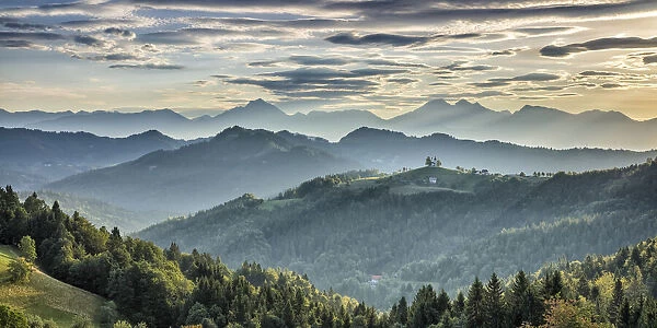 View towards St Thomas Church and the Kamnik Alps, Rantovse, Slovenia