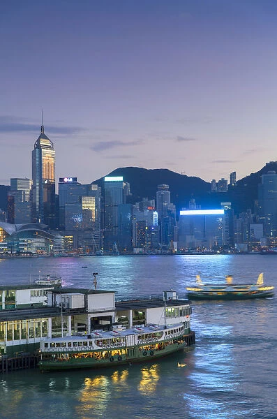 View of Star Ferry Terminal and Hong Kong Island skyline, Hong Kong, China