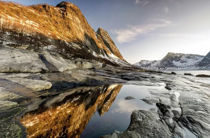 Framed Print : View towards Steinfjord and snow-covered mountains at sunset in winter, from Tungeneset, Senja Island, Norway Framed Print : View towards Steinfjord and snow-covered mountains at sunset in winter, from Tungeneset, Senja Island, Norway