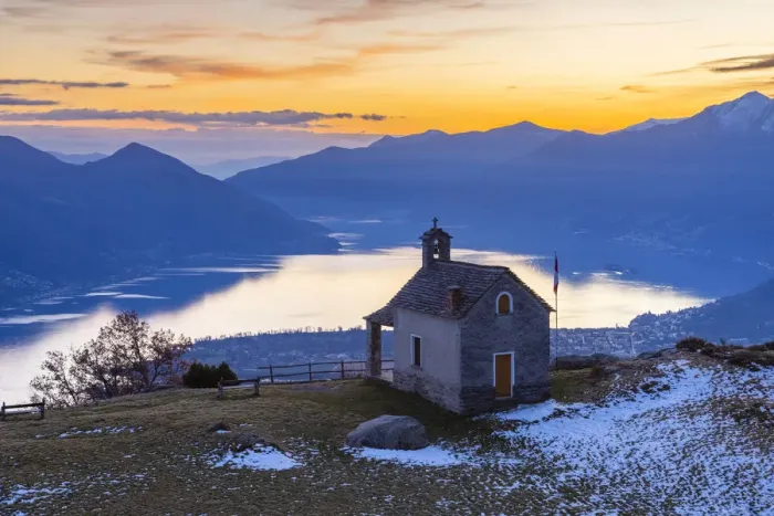 Framed Print : View of the stone church of Monti di Lego, overlooking Lago Maggiore, Ascona and Locarno Framed Print : View of the stone church of Monti di Lego, overlooking Lago Maggiore, Ascona and Locarno
