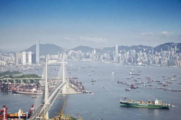 Framed Print : View of Stonecutters Bridge, Victoria Harbour and Hong Kong Island from Tsing Yi