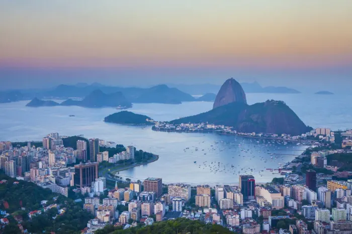 Framed Print : View of Sugarloaf Mountain and Botafogo Bay at dusk, Rio de Janeiro, Brazil Framed Print : View of Sugarloaf Mountain and Botafogo Bay at dusk, Rio de Janeiro, Brazil