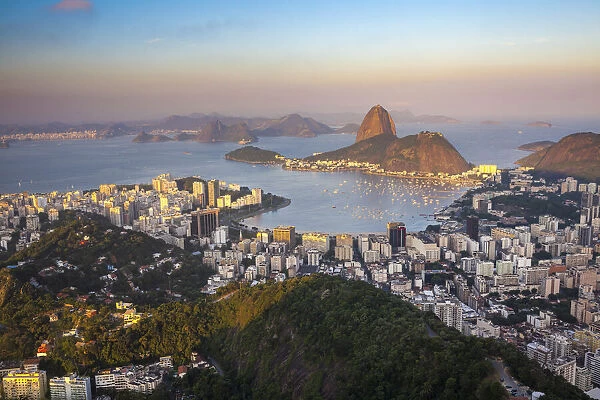 View of Sugarloaf Mountain and Botafogo Bay at sunset, Rio de Janeiro, Brazil