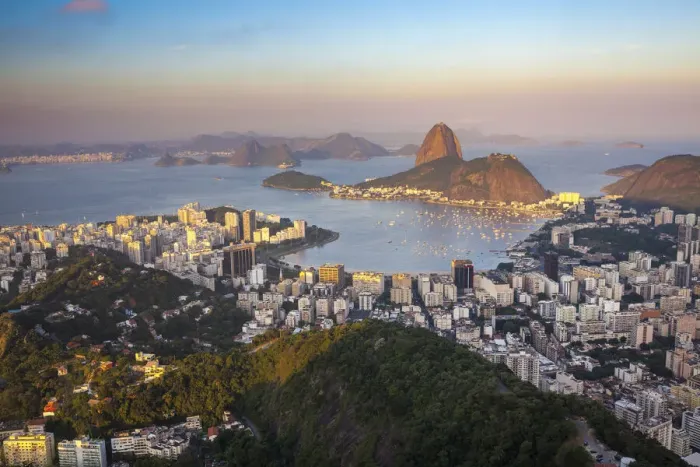 Framed Print : View of Sugarloaf Mountain and Botafogo Bay at sunset, Rio de Janeiro, Brazil Framed Print : View of Sugarloaf Mountain and Botafogo Bay at sunset, Rio de Janeiro, Brazil