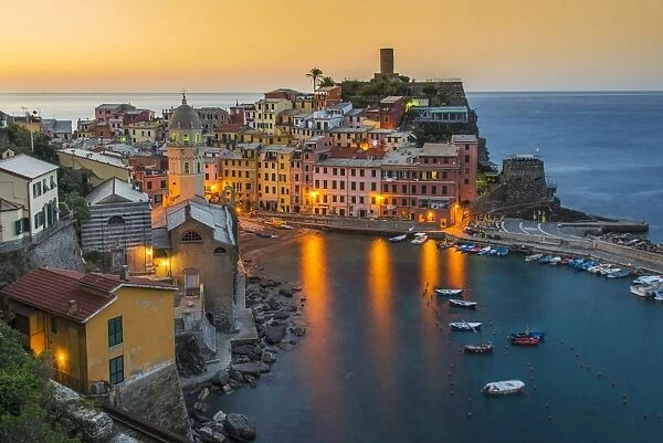 Top view at sunrise of the picturesque sea village of Vernazza, Cinque Terre, Liguria