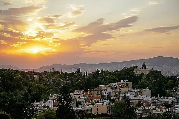 View of sunset from Areopagus Hill, Athens, Attica, Greece
