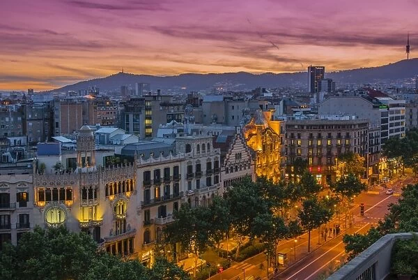 Top view at sunset over Passeig de Gracia with Casa Battlo and Casa Amatller, Barcelona