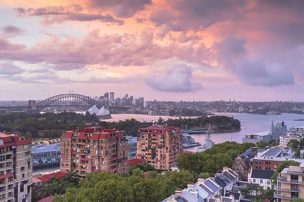 View of Sydney Harbour Bridge and Sydney Harbour at sunset, Sydney, New South Wales