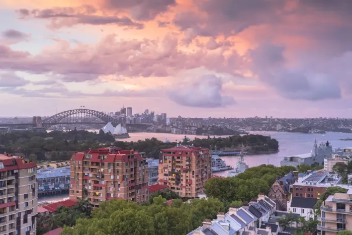 Framed Print : View of Sydney Harbour Bridge and Sydney Harbour at sunset, Sydney, New South Wales