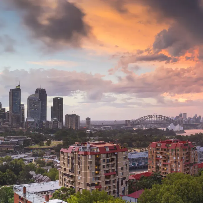 Framed Print : View of Sydney at sunset, Sydney, New South Wales, Australia Framed Print : View of Sydney at sunset, Sydney, New South Wales, Australia