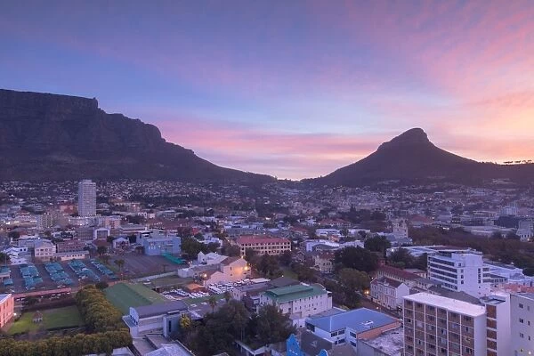 View of Table Mountain and Lionas Head at sunset, Cape Town, Western Cape, South Africa