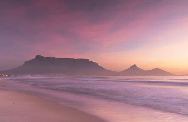 View of Table Mountain from Milnerton beach at sunset, Cape Town, Western Cape, South