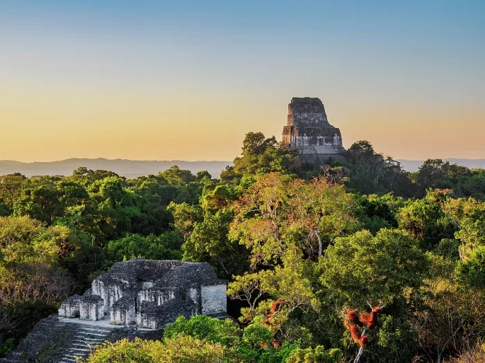 Framed Print : View over Talud-Tablero Temple or Structure 5C-49 towards Temple IV at sunset, Mundo Perdido, Tikal, Peten Department, Guatemala Framed Print : View over Talud-Tablero Temple or Structure 5C-49 towards Temple IV at sunset, Mundo Perdido, Tikal, Peten Department, Guatemala