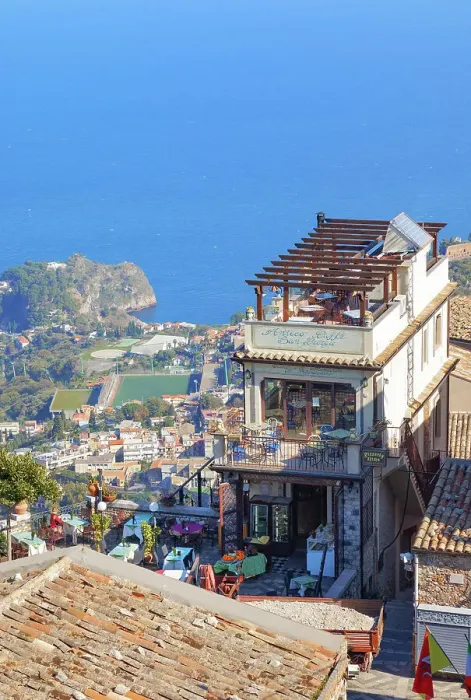 Framed Print : View of Taormina and the Ionian coast from Castelmola main square, Castelmola, Taormina, Sicily, Italy Framed Print : View of Taormina and the Ionian coast from Castelmola main square, Castelmola, Taormina, Sicily, Italy