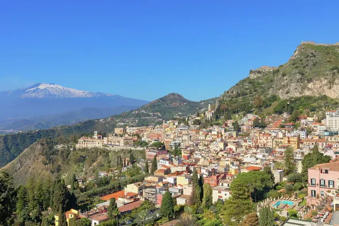 Framed Print : View of Taormina and mount Etna in the distance, Taormina, Sicily, Italy Framed Print : View of Taormina and mount Etna in the distance, Taormina, Sicily, Italy