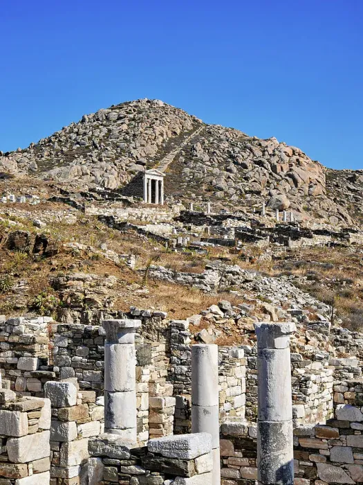 Framed Print : View towards the Temple of Isis and Mount Kynthos, Delos Archaeological Site, Delos Island, Cyclades, Greece Framed Print : View towards the Temple of Isis and Mount Kynthos, Delos Archaeological Site, Delos Island, Cyclades, Greece
