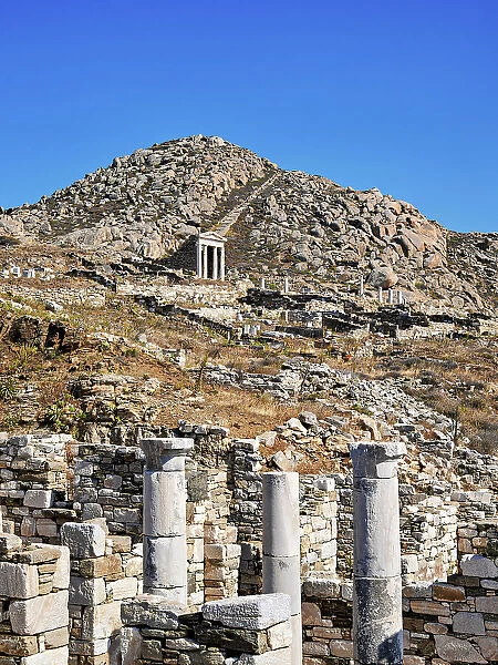 View towards the Temple of Isis and Mount Kynthos, Delos Archaeological Site, Delos Island, Cyclades, Greece