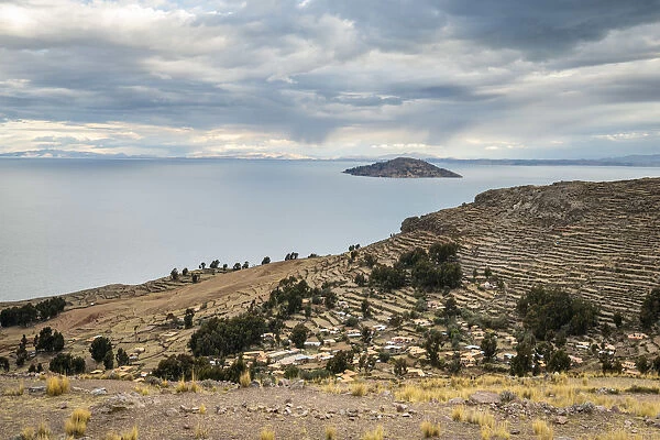 View of terraces at Amantani island, Titicaca, Puno Region, Peru