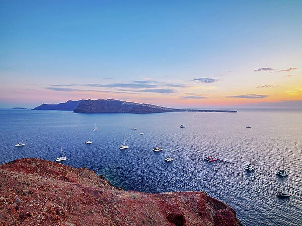 View towards the Thirasia Island at dusk, Santorini or Thira Island, Cyclades, Greece