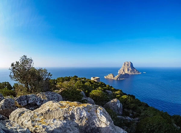 View towards Torre des Savinar and Es Vedra Island, Ibiza, Balearic Islands, Spain