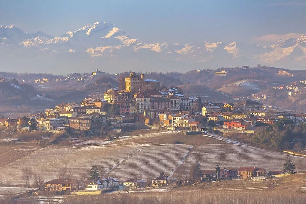 View of the town and castle of Roddi in winter. Langhe, Cuneo district, Piedmont, Italy